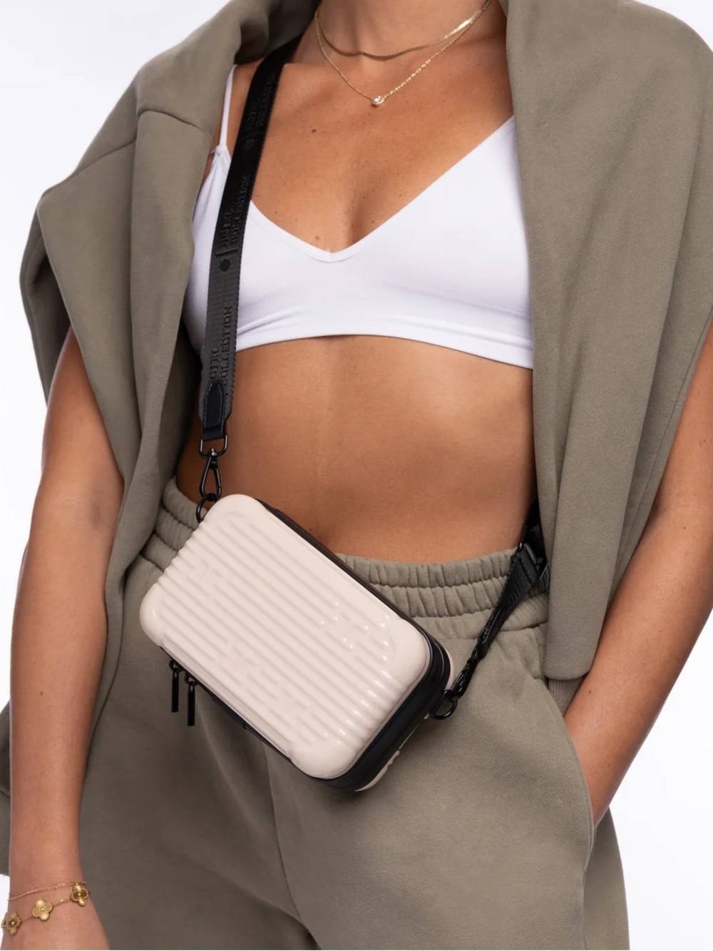 Hotel Collection Cream Beige Trunk Crossbody Bag with Black Trim - Champagne